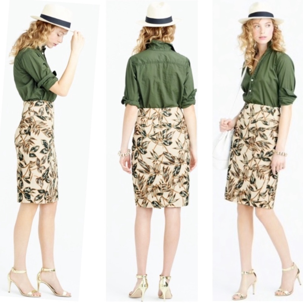 J. Crew cream green Leaf print tropical safari pencil skirt Sz 12
